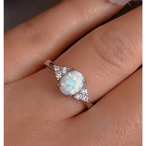 Oval Opal Ring with Diamond Accents in Silver